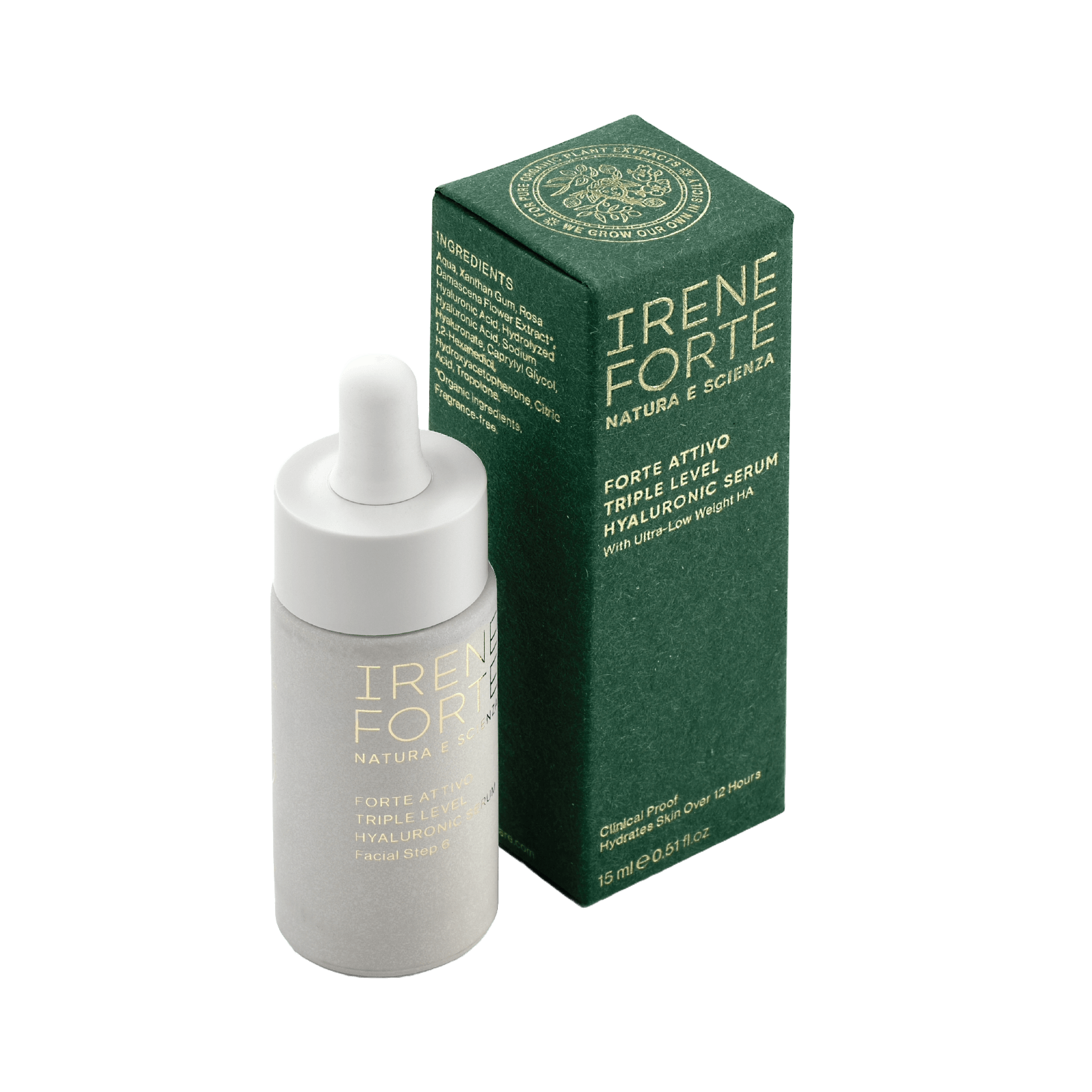 Packaging and bottle of Triple Level Hyaluronic Serum by Irene Forte